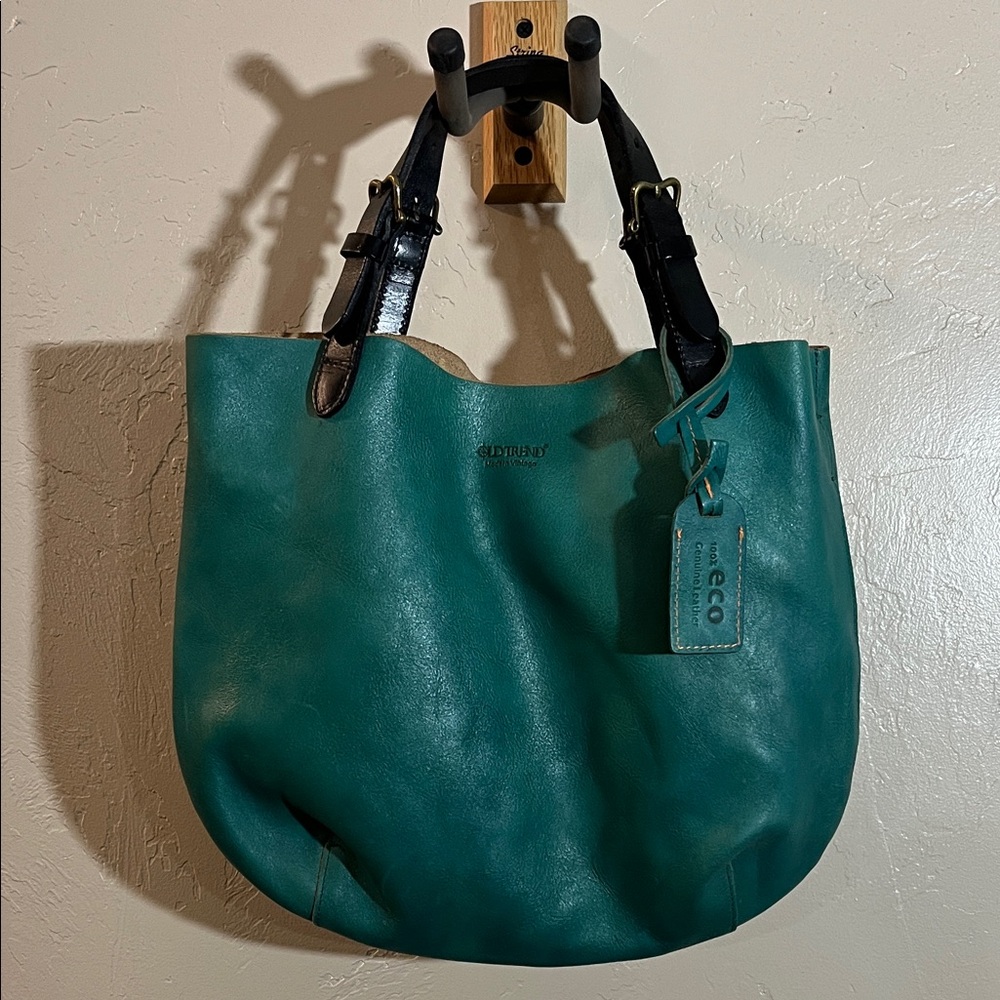 Old Trend  Teal Leather Satchel with Black Handles